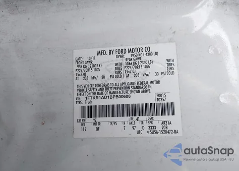 2011 Ford Ranger Xl из США, поврежденный, VIN 1FTKR1AD1BPB00608